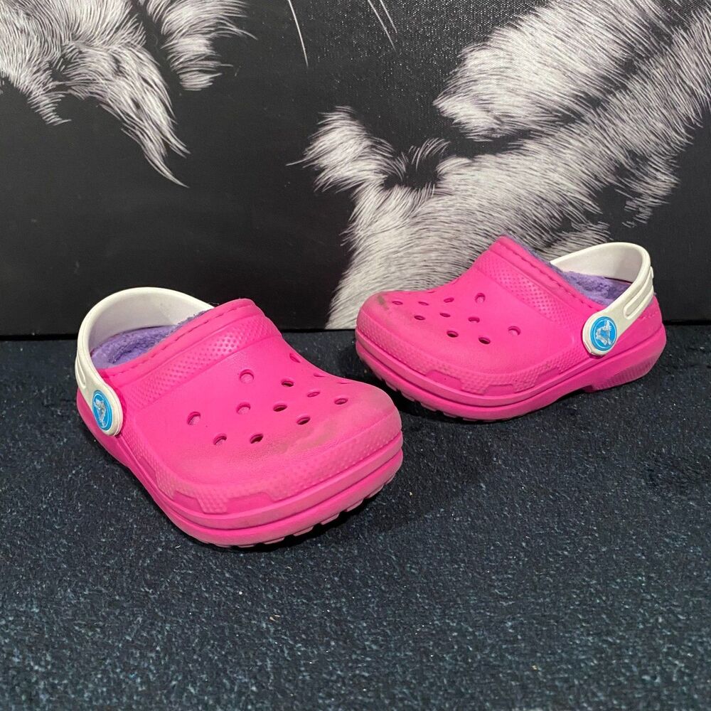 Crocs 207009 Clog Shoes Girls 7 Pink Faux Fur Lined Classic Fuzzy Warm Comfort